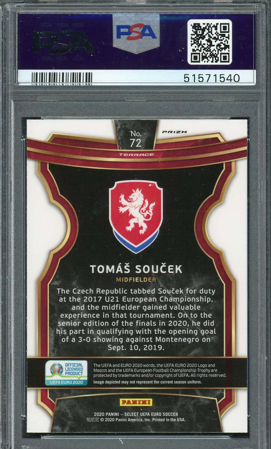 Tomas Soucek 2020 Select UEFA Euro Silver Prizm Soccer Rookie Card #72 PSA 10-Powers Sports Memorabilia