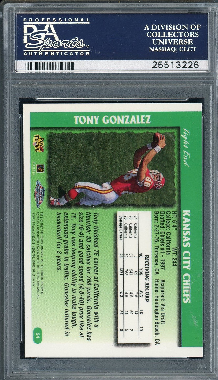 Tony Gonzalez 1997 Topps Chrome Football Rookie Card #24 Graded PSA 8-Powers Sports Memorabilia