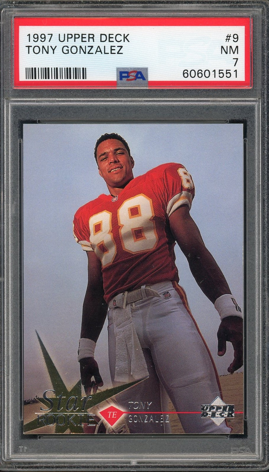 Tony Gonzalez 1997 Upper Deck Football Rookie Card #9 Graded PSA 7-Powers Sports Memorabilia