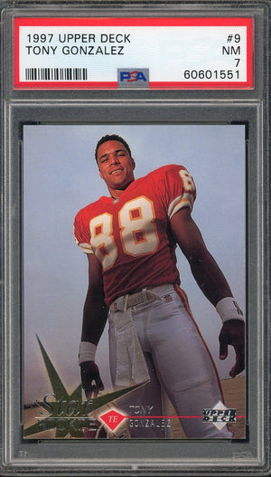 Tony Gonzalez 1997 Upper Deck Football Rookie Card #9 Graded PSA 7-Powers Sports Memorabilia