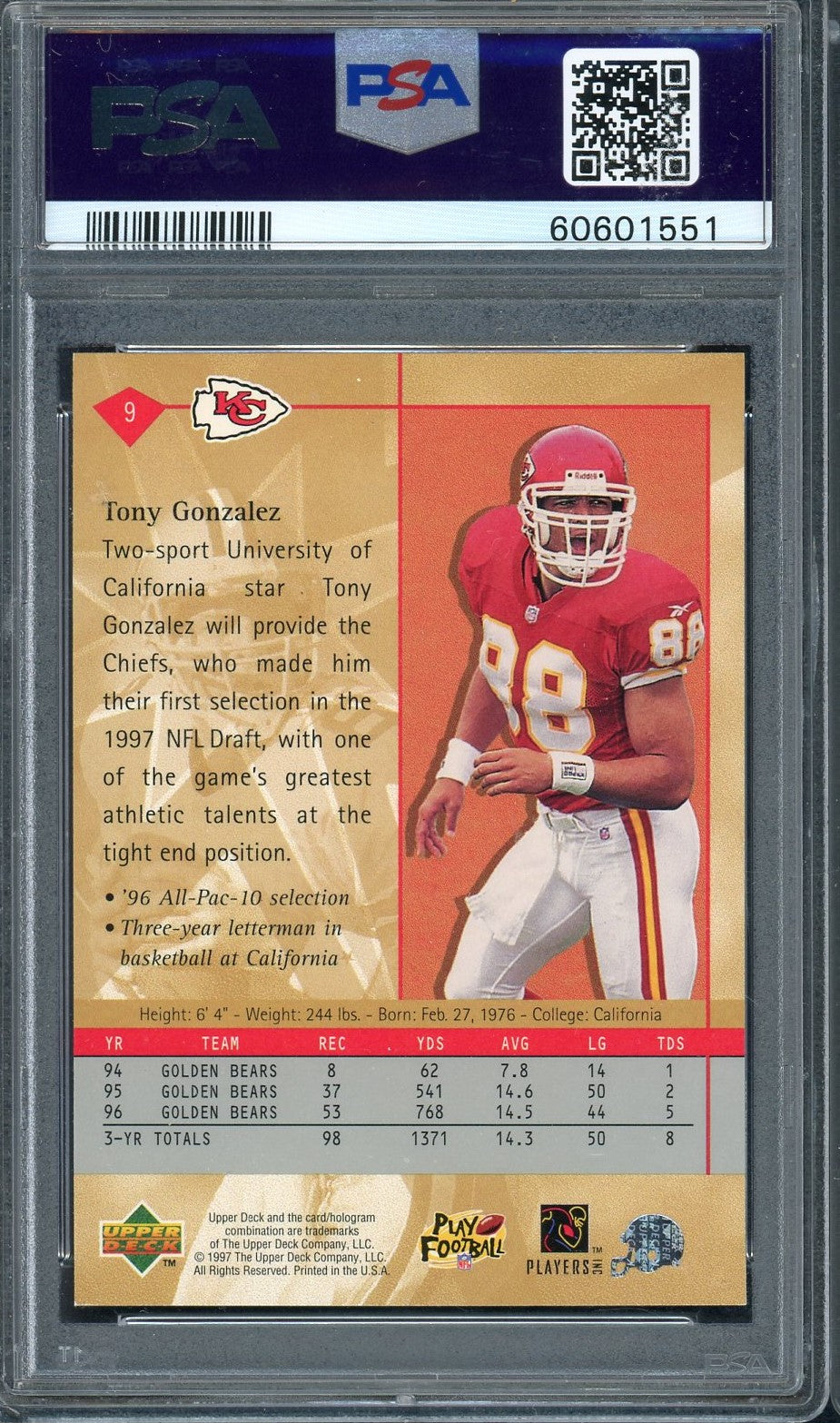 Tony Gonzalez 1997 Upper Deck Football Rookie Card #9 Graded PSA 7-Powers Sports Memorabilia