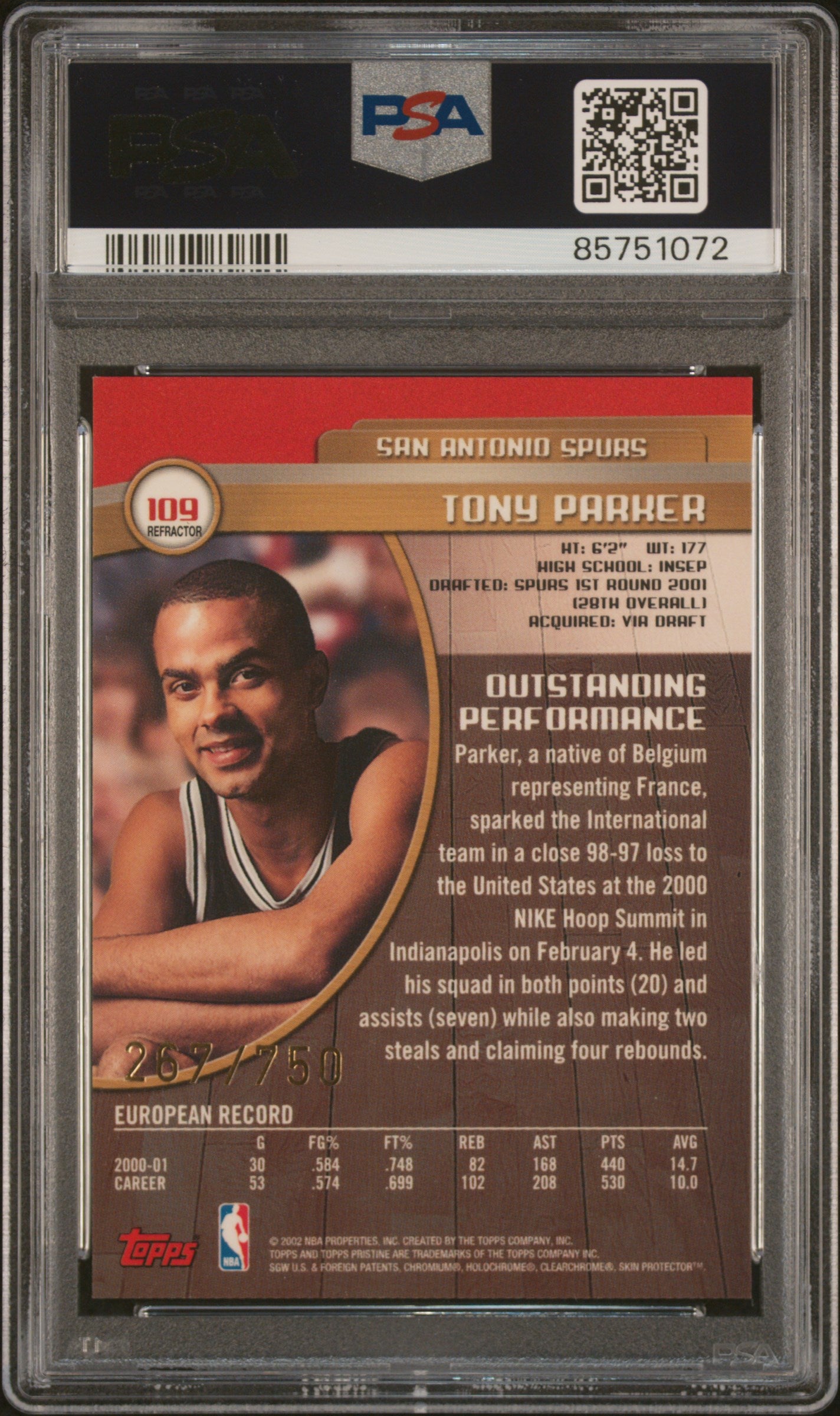 Tony Parker 2001 Topps Pristine Refractor Rookie Card #109 Auto PSA 8 267/750-Powers Sports Memorabilia