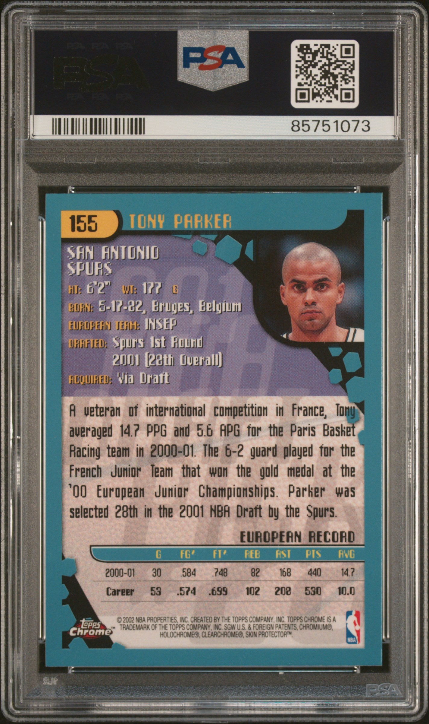 Tony Parker 2001 Topps Chrome Signed Rookie Card #155 Auto Graded PSA 10 5751073-Powers Sports Memorabilia