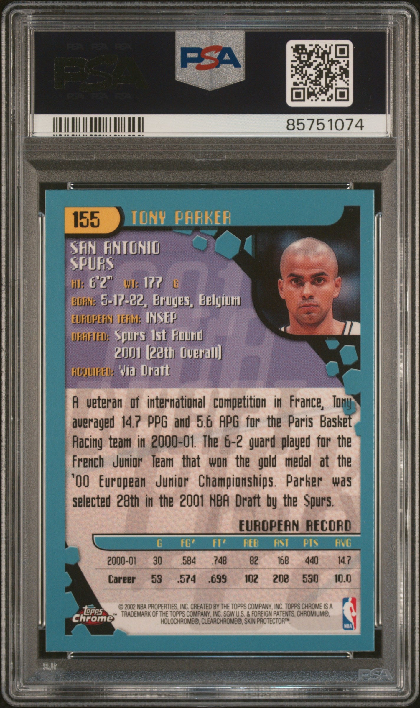 Tony Parker 2001 Topps Chrome Signed Rookie Card #155 Auto Graded PSA 10 5751074-Powers Sports Memorabilia