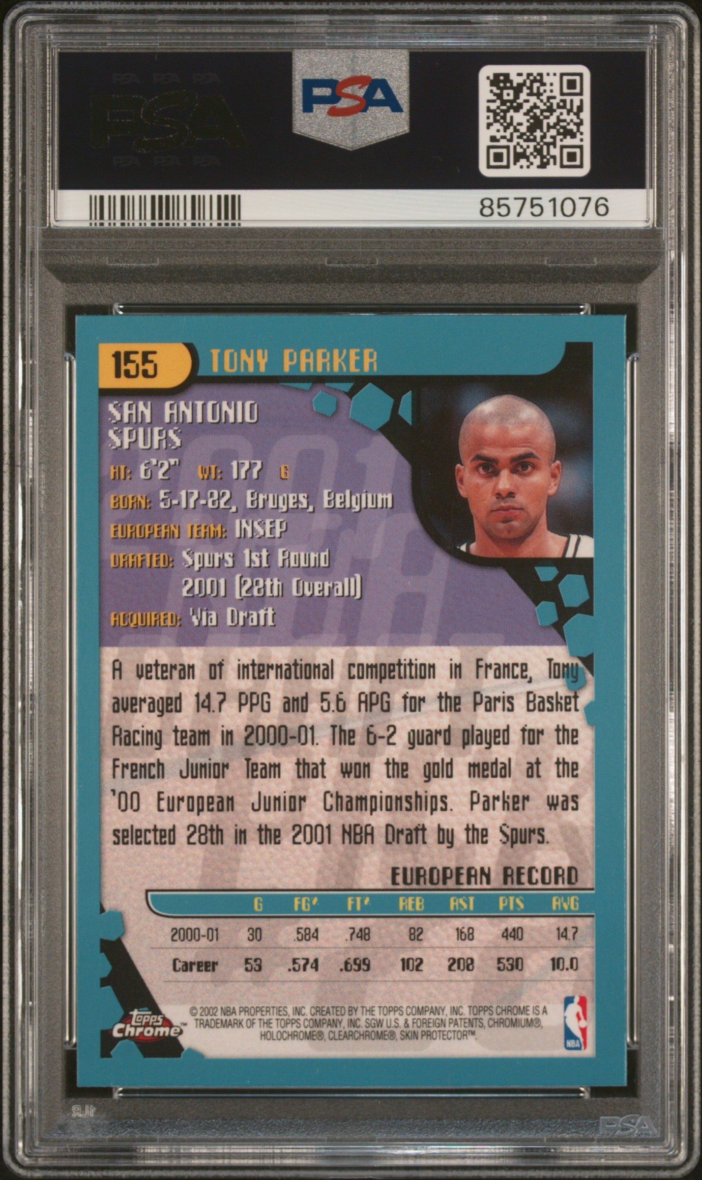 Tony Parker 2001 Topps Chrome Signed Rookie Card #155 Auto Graded PSA 10 5751076-Powers Sports Memorabilia