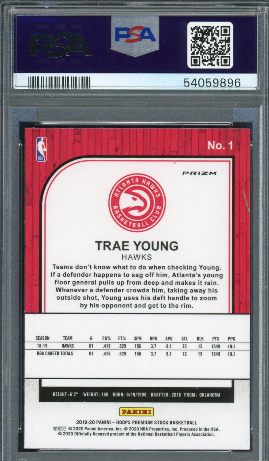 Trae Young 2019 Panini Hoops Premium Stock Pulsar Basketball Card #1 Graded PSA 10 GEM MINT-Powers Sports Memorabilia
