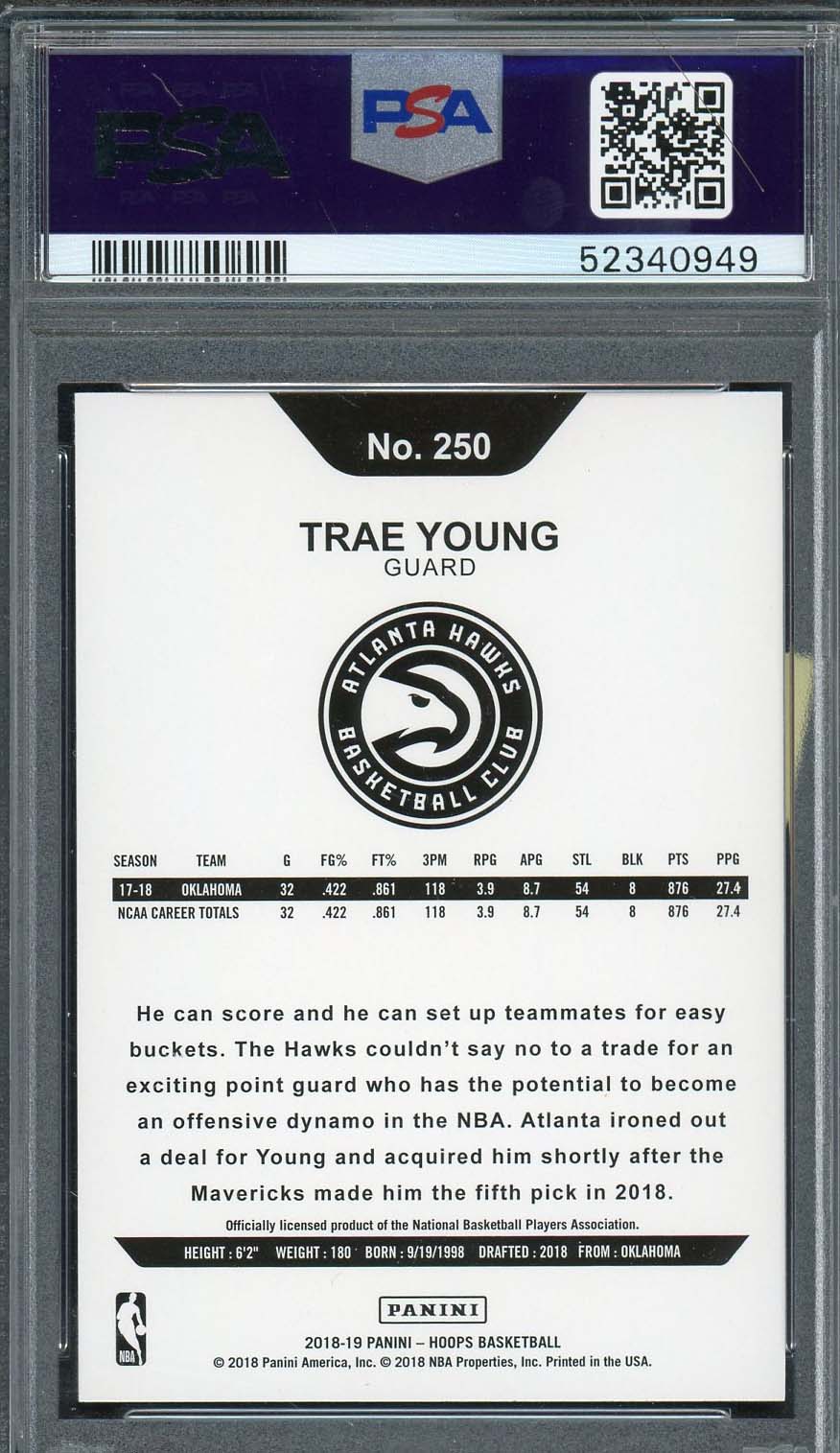 Trae Young 2018 Panini Hoops Basketball Rookie Card RC #250 Graded PSA 10-Powers Sports Memorabilia