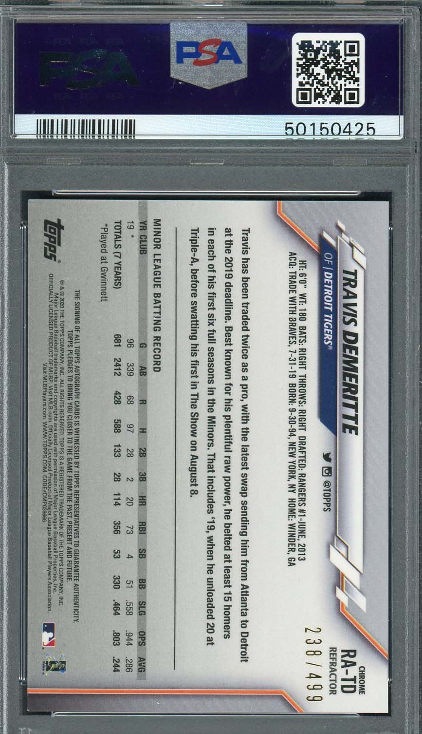 Travis Demeritte 2020 Topps Chrome Rookie Auto Refractor Card #RATD PSA 9 /499-Powers Sports Memorabilia