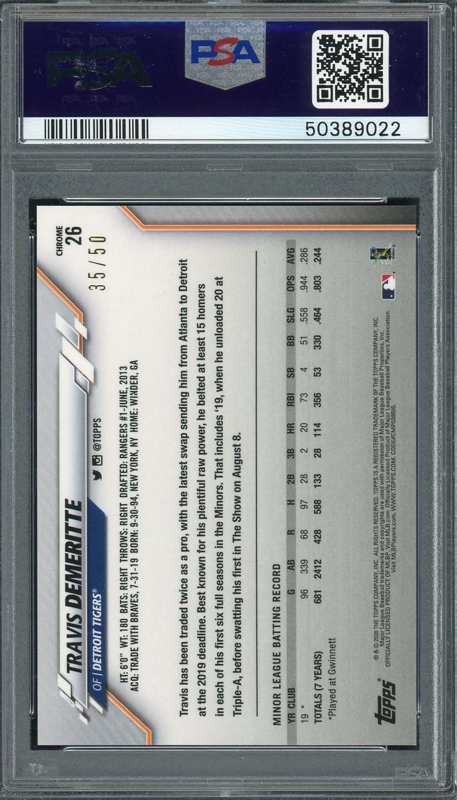 Travis Demeritte 2020 Topps Chrome Gold Refractor Baseball Rookie Card RC #26 Graded PSA 10 GEM MINT /50-Powers Sports Memorabilia