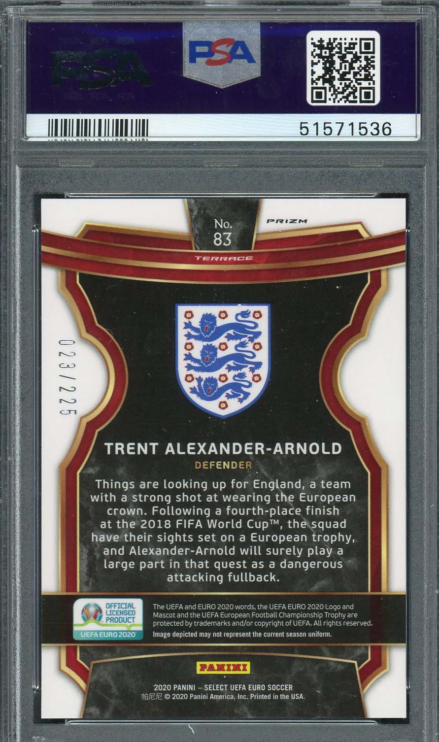 Trent Alexander Arnold 2020 Select UEFA Euro Blue Prizm Card #83 PSA 10 /225-Powers Sports Memorabilia