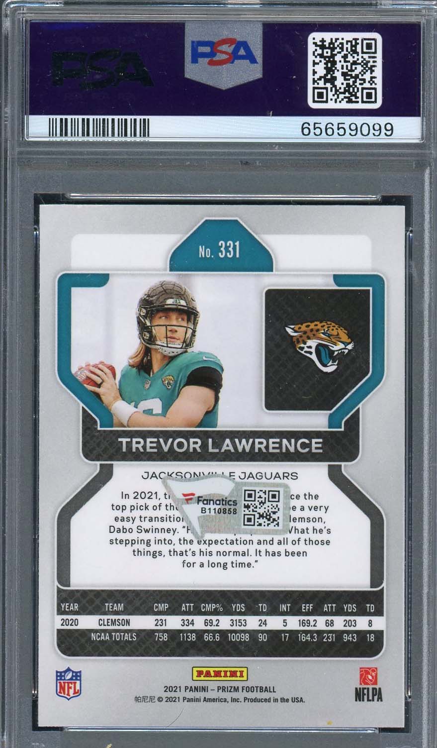 Trevor Lawrence Autographed 2021 Panini Prizm Signed Rookie Card #331 Auto PSA-Powers Sports Memorabilia