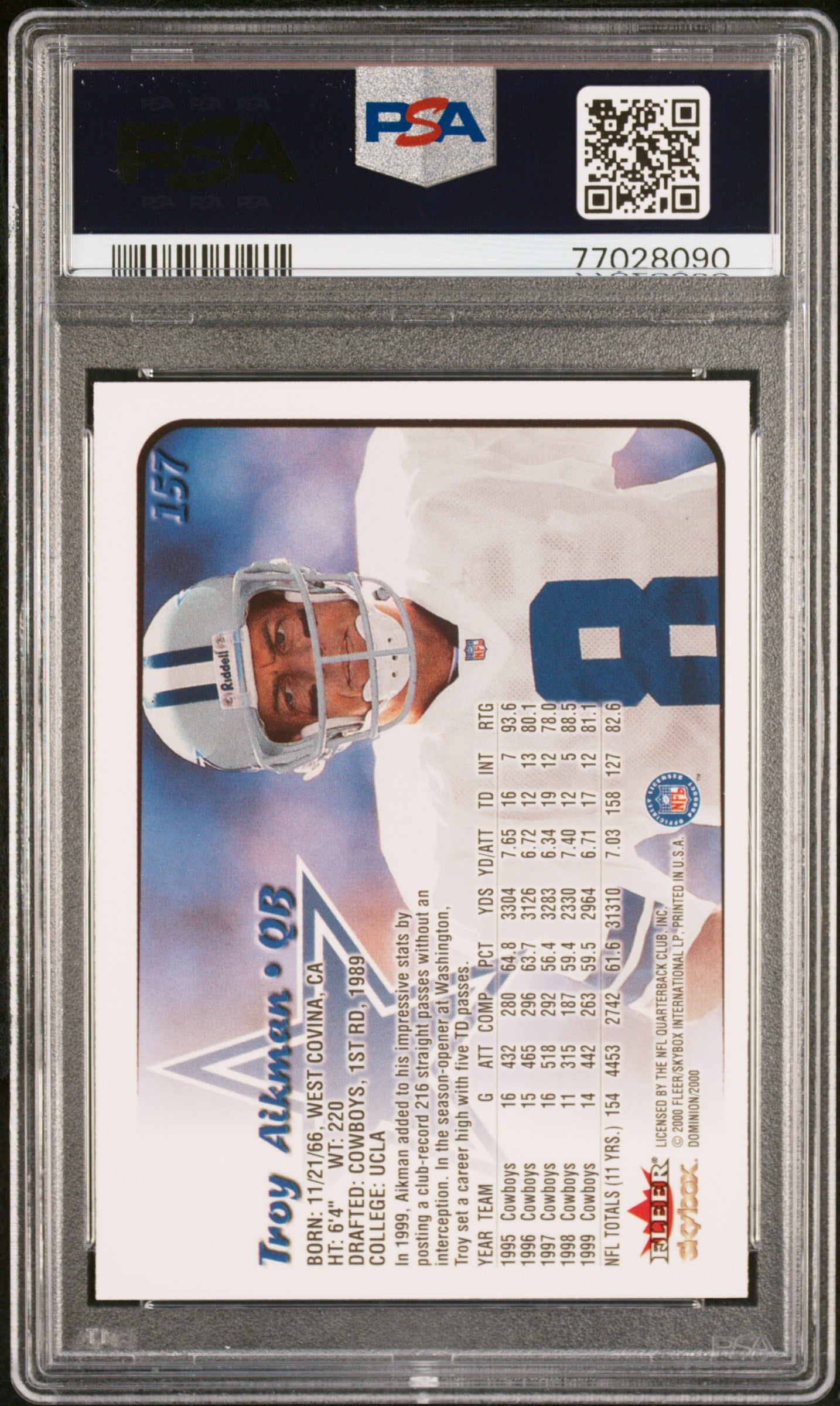 Troy Aikman 2000 Skybox Dominion Football Card #157 Graded PSA 10-Powers Sports Memorabilia