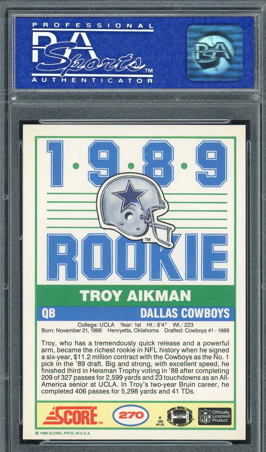 Troy Aikman 1989 Score Football Rookie Card RC #270 Graded PSA 8-Powers Sports Memorabilia