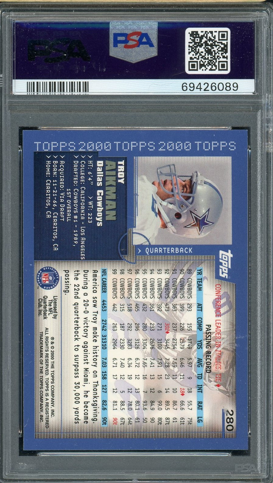 Troy Aikman 2000 Topps Collection Football Card #280 Graded PSA 10-Powers Sports Memorabilia