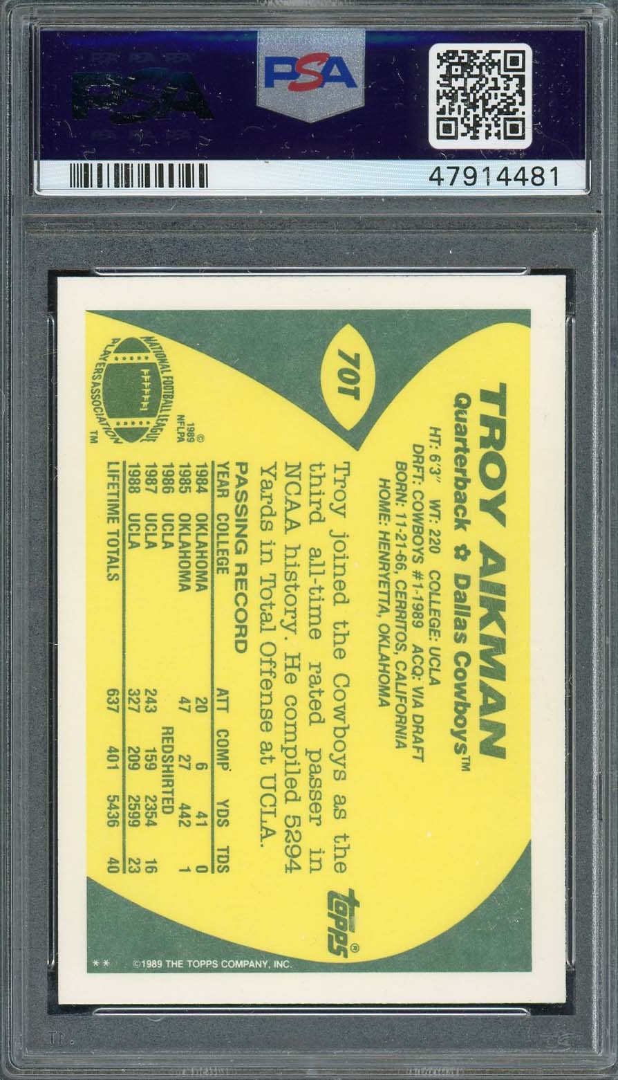 Troy Aikman 1989 Topps Traded Football Rookie Card RC #70T Graded PSA 10-Powers Sports Memorabilia