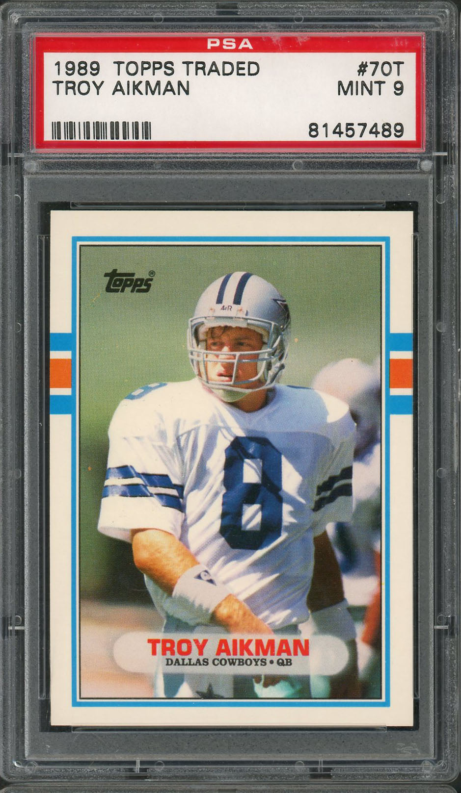Troy Aikman 1989 Topps Traded Football Rookie Card RC #70T Graded PSA 9 MINT-Powers Sports Memorabilia