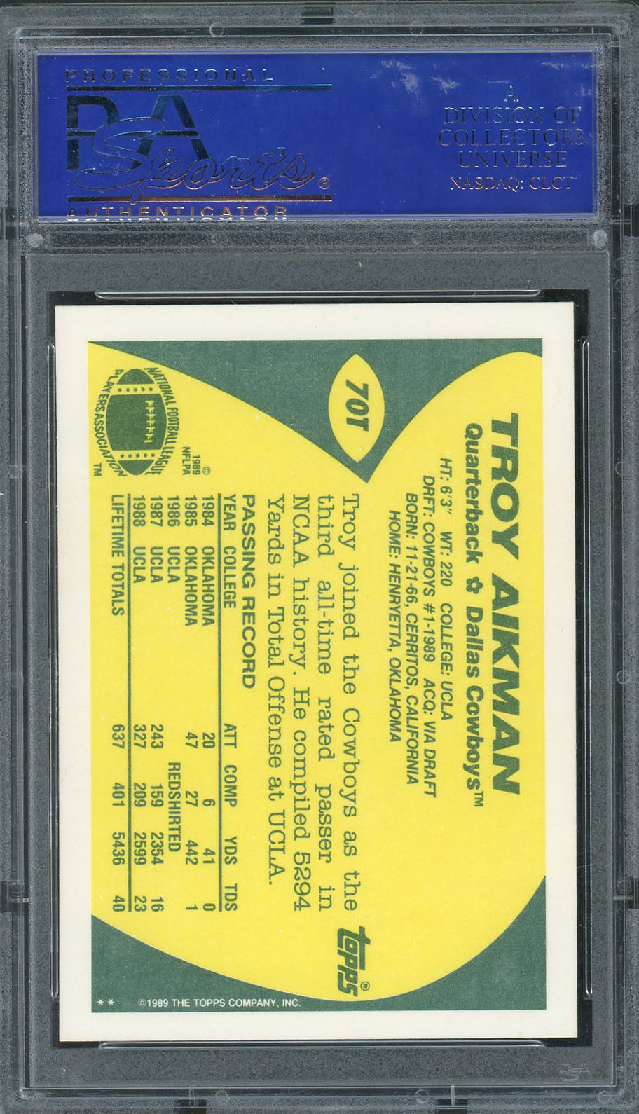 Troy Aikman 1989 Topps Traded Football Rookie Card RC #70T Graded PSA 9 MINT-Powers Sports Memorabilia