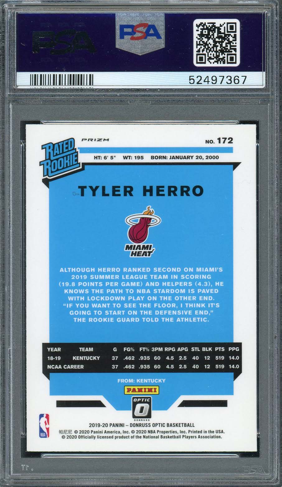 Tyler Herro 2019 Panini Donruss Optic Fanatics Rookie Card #172 Graded PSA 9-Powers Sports Memorabilia
