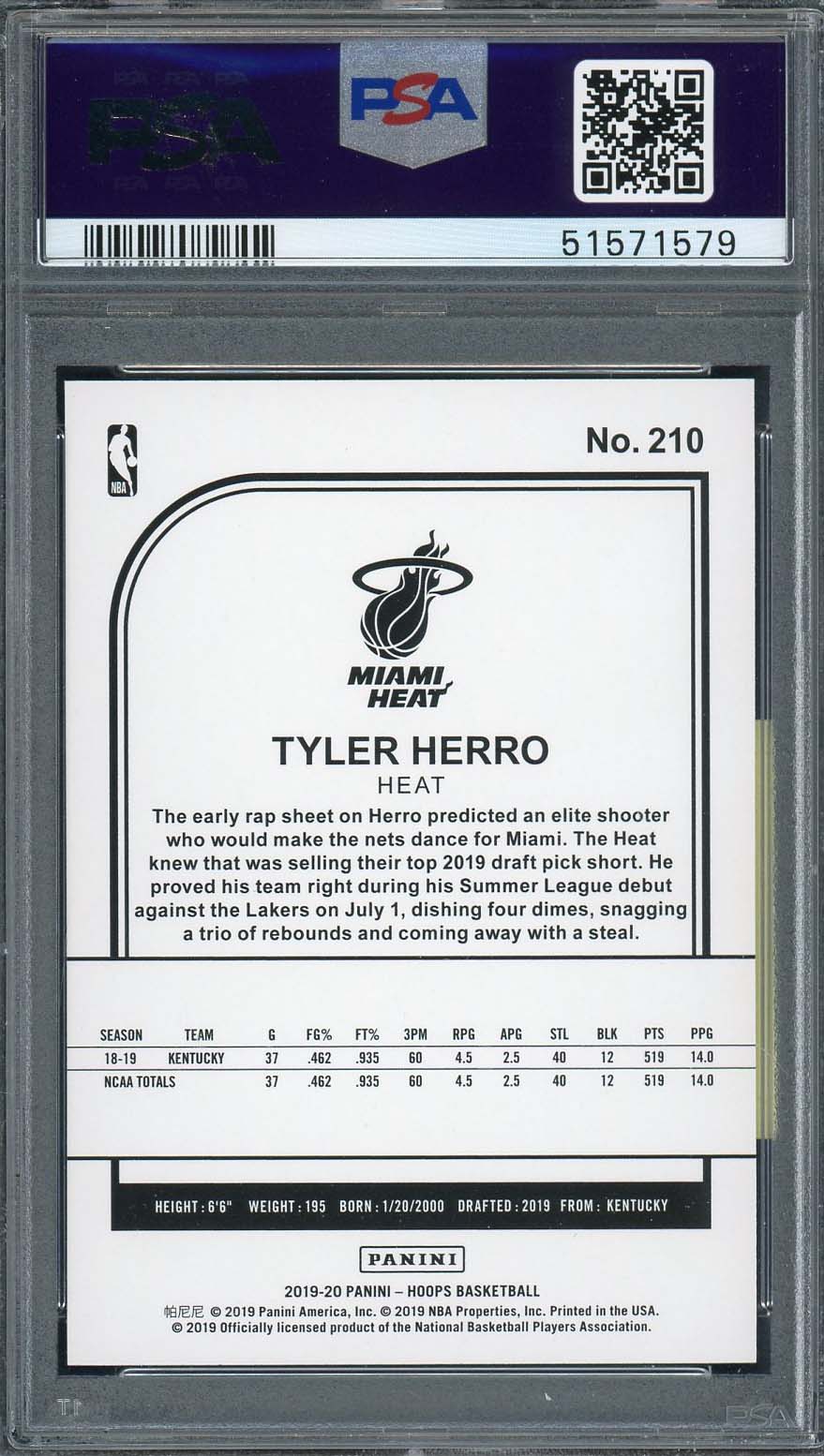 Tyler Herro 2019 Panini Hoops Basketball Rookie Card RC #210 Graded PSA 10-Powers Sports Memorabilia