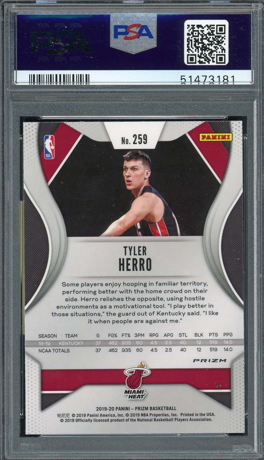 Tyler Herro 2019 Panini Prizm Purple Wave Rookie Card RC #259 Graded PSA 9-Powers Sports Memorabilia