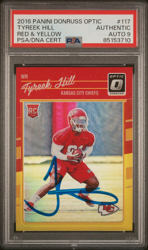 Tyreek Hill 2016 Panini Donruss Optic Red Yellow Rookie Card #117 Auto PSA 9 C-Powers Sports Memorabilia