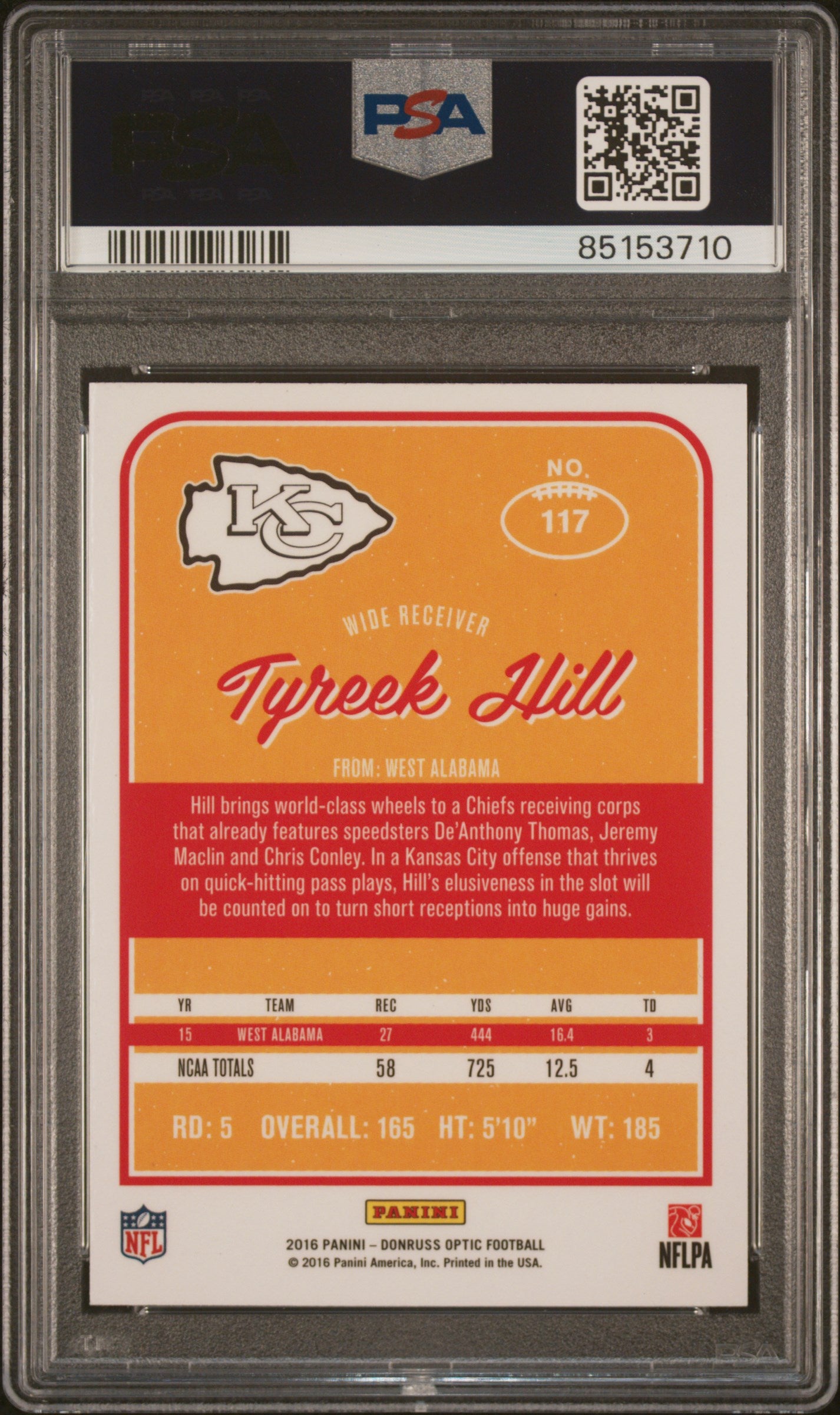 Tyreek Hill 2016 Panini Donruss Optic Red Yellow Rookie Card #117 Auto PSA 9 C-Powers Sports Memorabilia