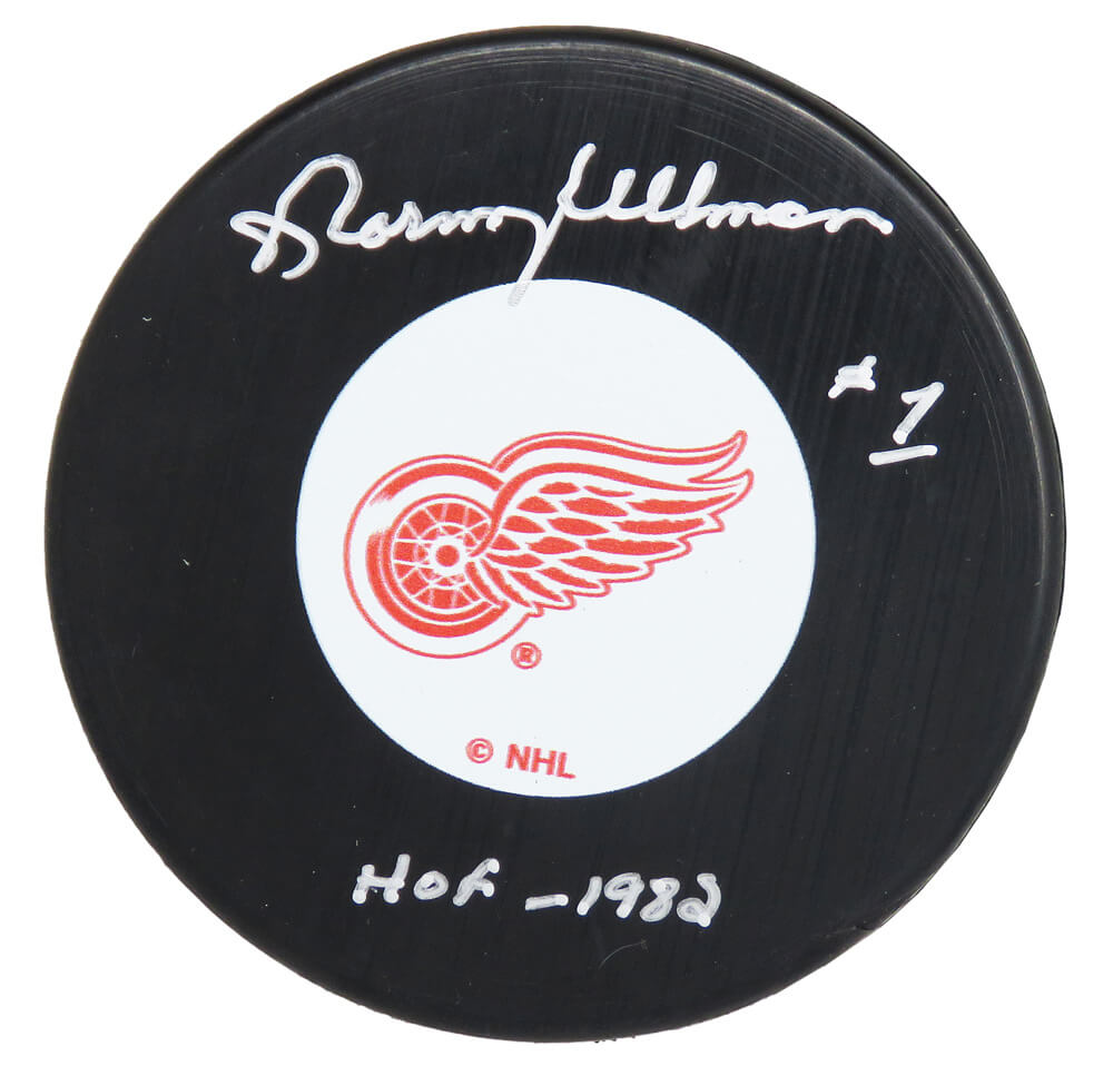Norm Ullman Autographed Detroit Red Wings Logo Hockey Puck with HOF 1982-Powers Sports Memorabilia