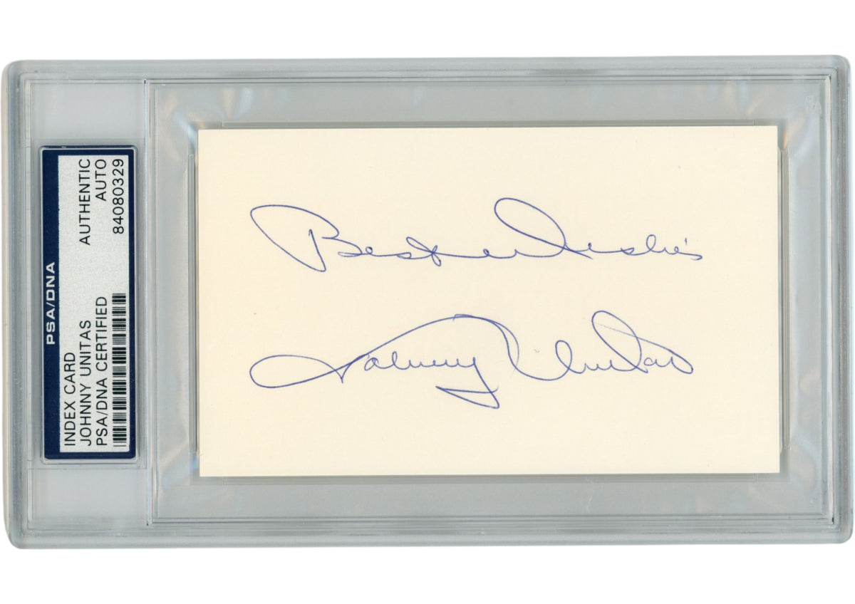 Johnny Unitas Baltimore Colts Signed Mini Helmet - Index Best Wishes Slab PSA PSA-Powers Sports Memorabilia