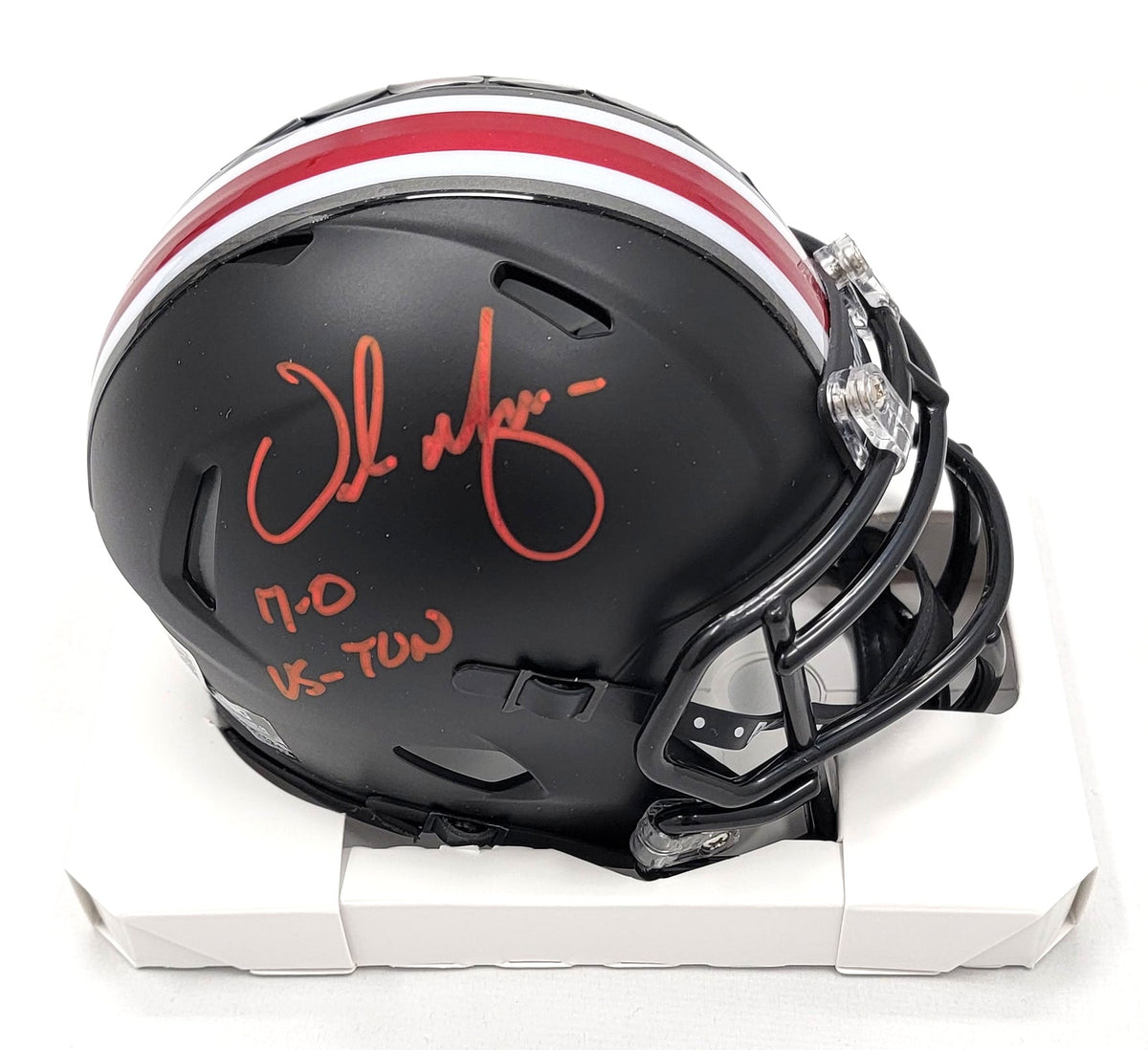Urban Meyer Signed Ohio State Buckeyes Matte Black Mini Helmet W/ 7-0 vs TUN Beckett Witnessed Red Paint-Powers Sports Memorabilia