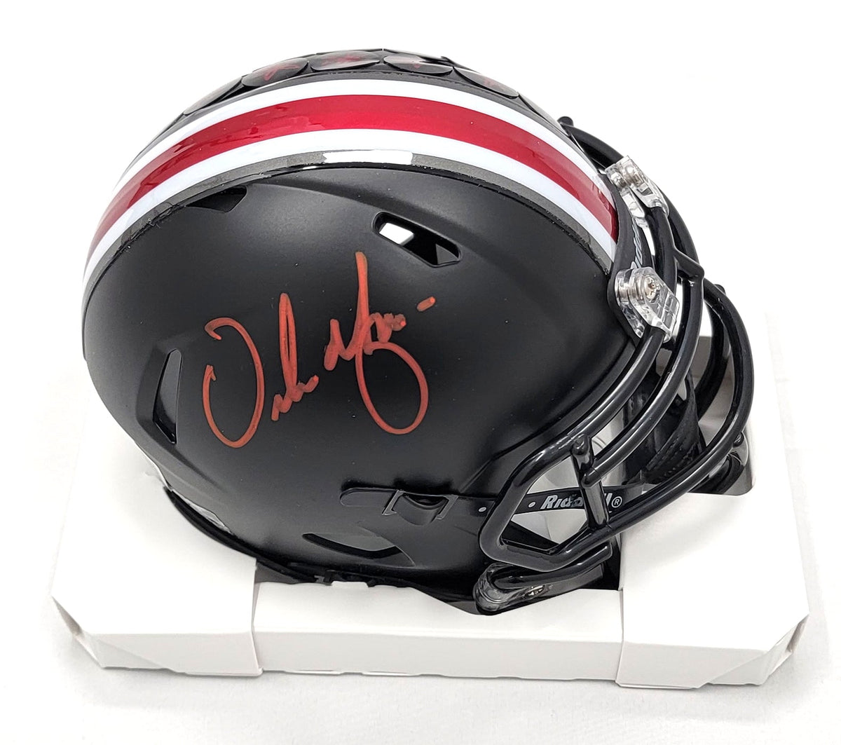 Urban Meyer Autographed Ohio State Buckeyes Black Mini Helmet Beckett Witnessed Red Paint-Powers Sports Memorabilia