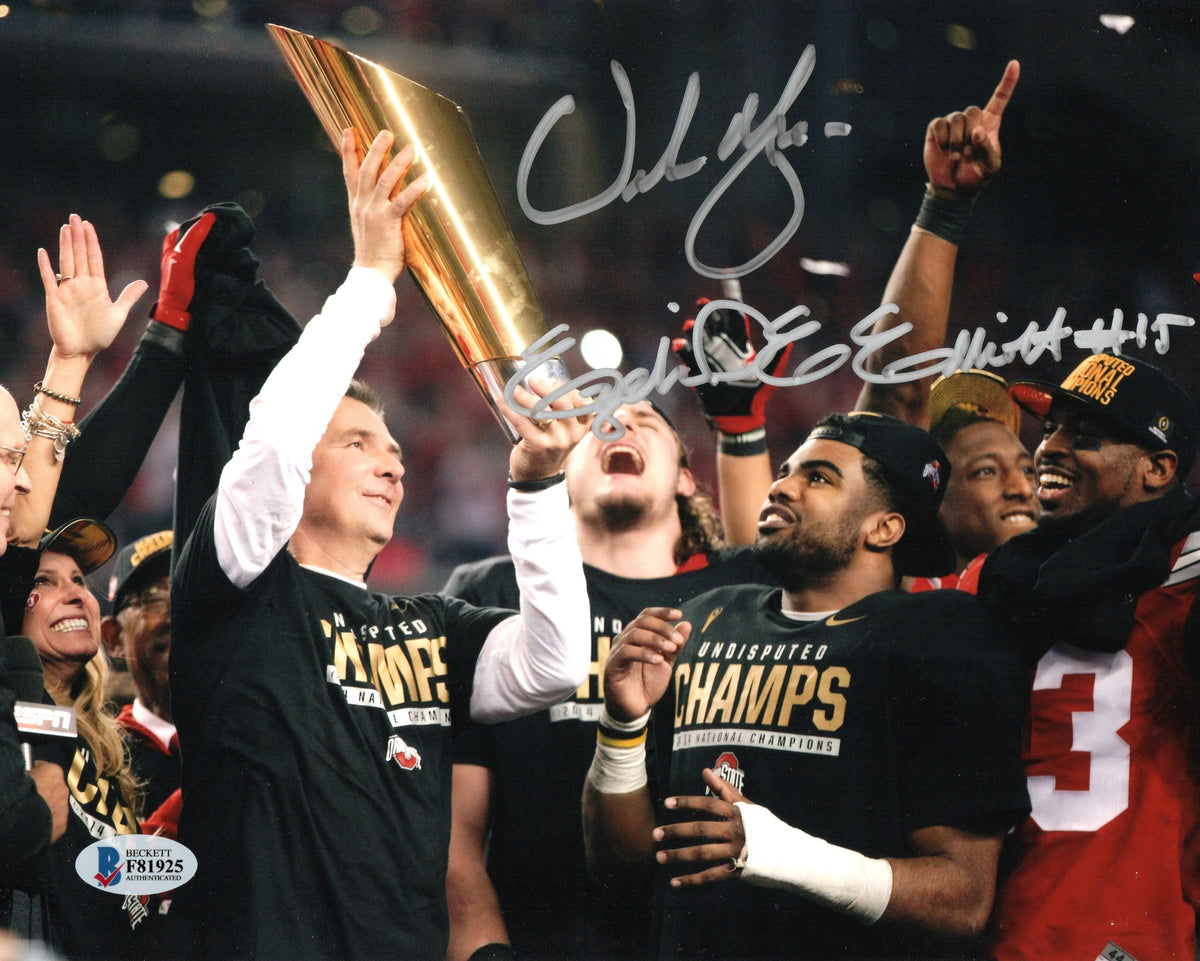 Urban Meyer & Ezekiel Elliott Autographed OSU Ohio State 2015 National Champs 8x10 Beckett Witnessed-Powers Sports Memorabilia
