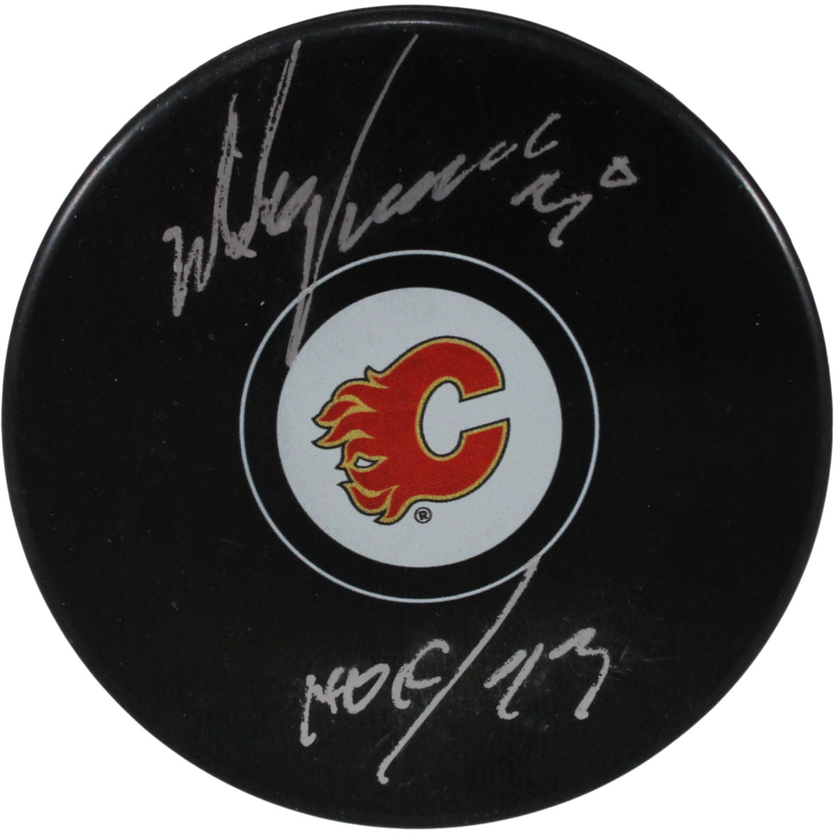 Mike Vernon Calgary Flames Signed Hockey Puck - Logo Puck HOF JSA JSA-Powers Sports Memorabilia