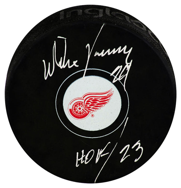 Mike Vernon Autographed Detroit Red Wings Logo Hockey Puck with HOF 2023-Powers Sports Memorabilia