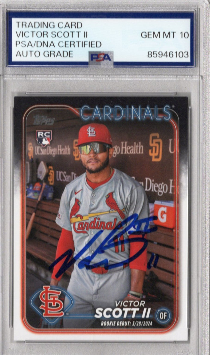 Victor Scott Signed St. Louis Cardinals 2024 Topps Rookie Card #US77 PSA AUTO GRADE GEM MT 10-Powers Sports Memorabilia
