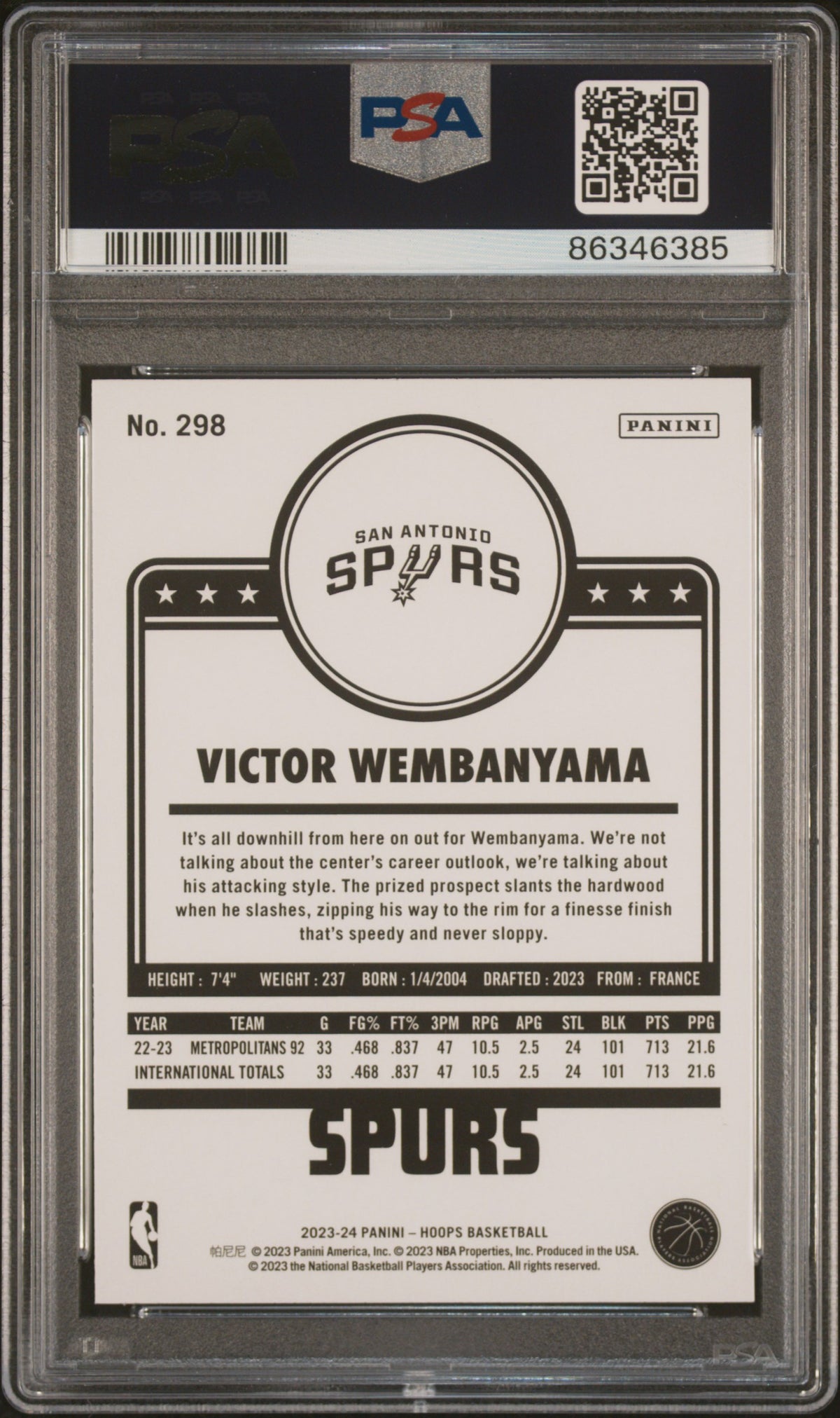 Victor Wembanyama 2023 Hoops Basketball Rookie Card #298 Graded PSA 10-Powers Sports Memorabilia