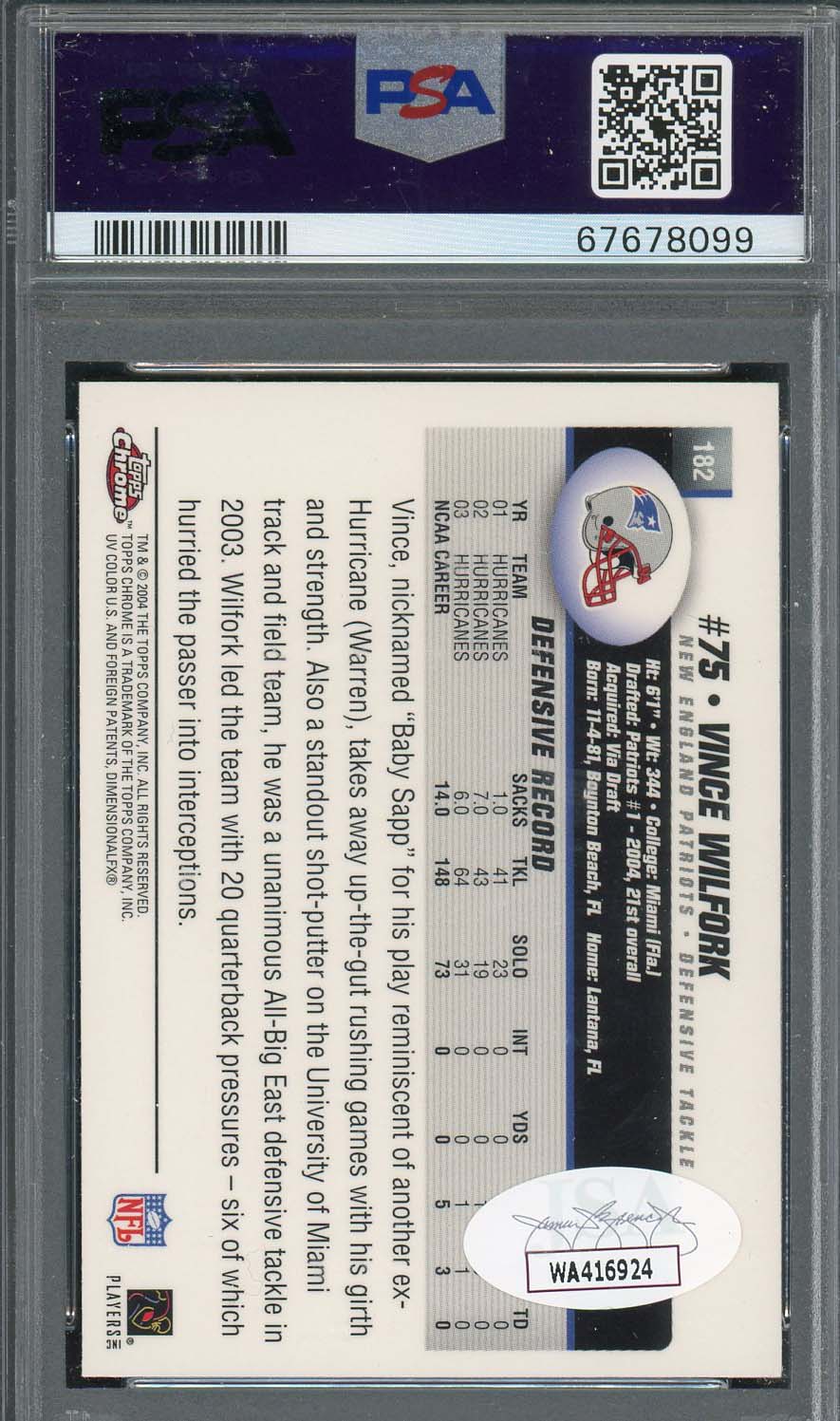 Vince Wilfork 2004 Topps Chrome Football Rookie Signed Card #182 Auto PSA-Powers Sports Memorabilia