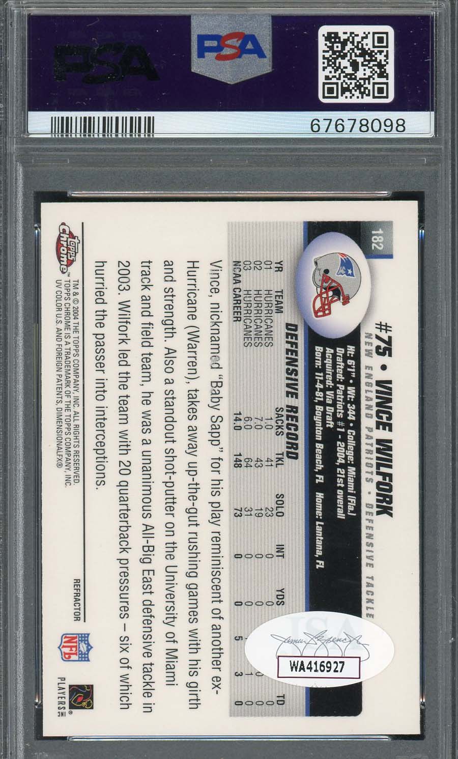 Vince Wilfork 2004 Topps Chrome Refractor Rookie Signed Card #182 Auto PSA-Powers Sports Memorabilia