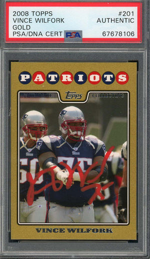 Vince Wilfork 2008 Topps Gold Football Signed Card #201 Auto PSA #d/2008-Powers Sports Memorabilia