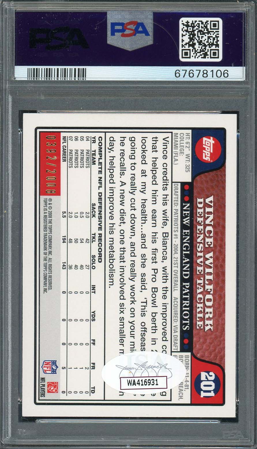 Vince Wilfork 2008 Topps Gold Football Signed Card #201 Auto PSA #d/2008-Powers Sports Memorabilia