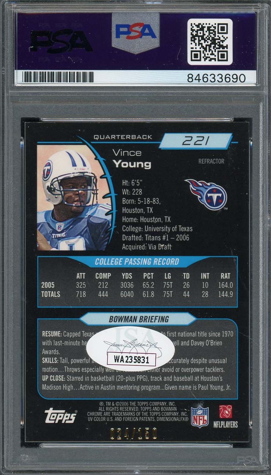 Vince Young Autographed 2006 Bowman Chrome Blue Refractor Rookie Card PSA Auto-Powers Sports Memorabilia
