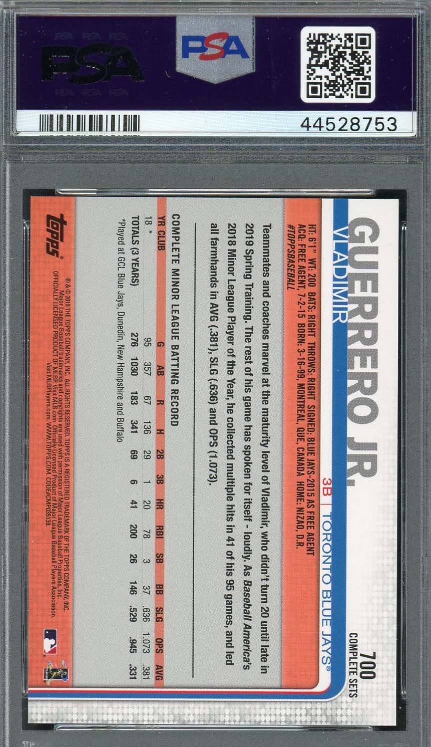 Vladimir Guerrero Jr 2019 Topps Complete Set Fielding Rookie Baseball Card #700 PSA 10-Powers Sports Memorabilia