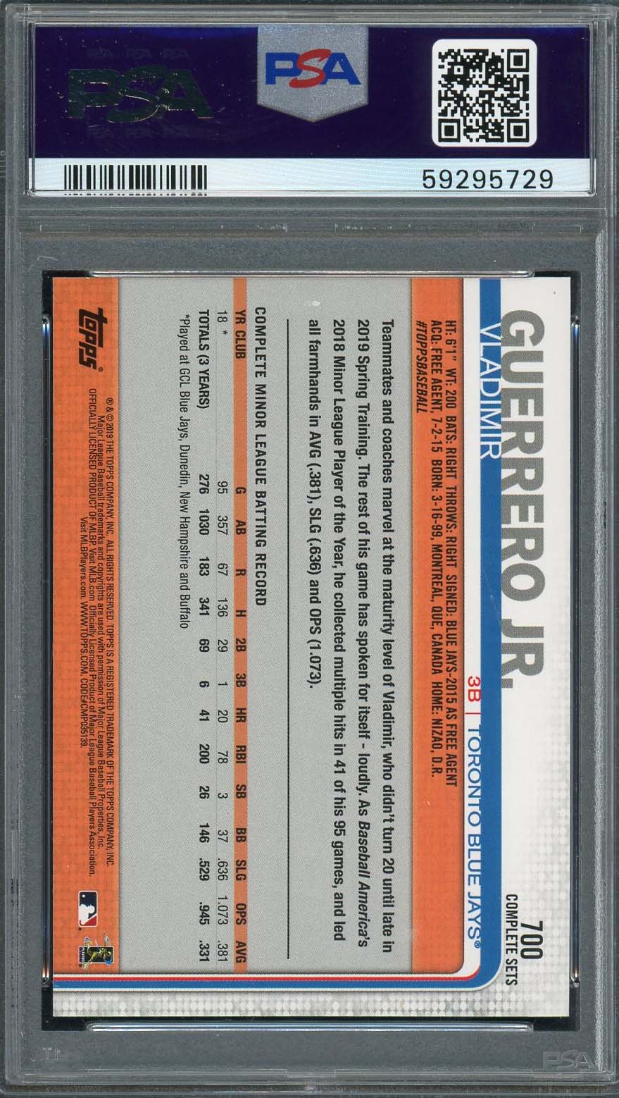 Vladimir Guerrero Jr 2019 Topps Complete Set Batting Rookie Card #700 PSA 9-Powers Sports Memorabilia