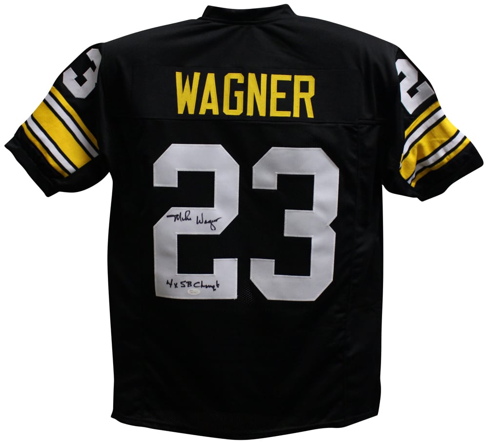 Mike Wagner Signed Pro Style Black XL Jersey 4x SB Champs – JSA Authenticated-Powers Sports Memorabilia