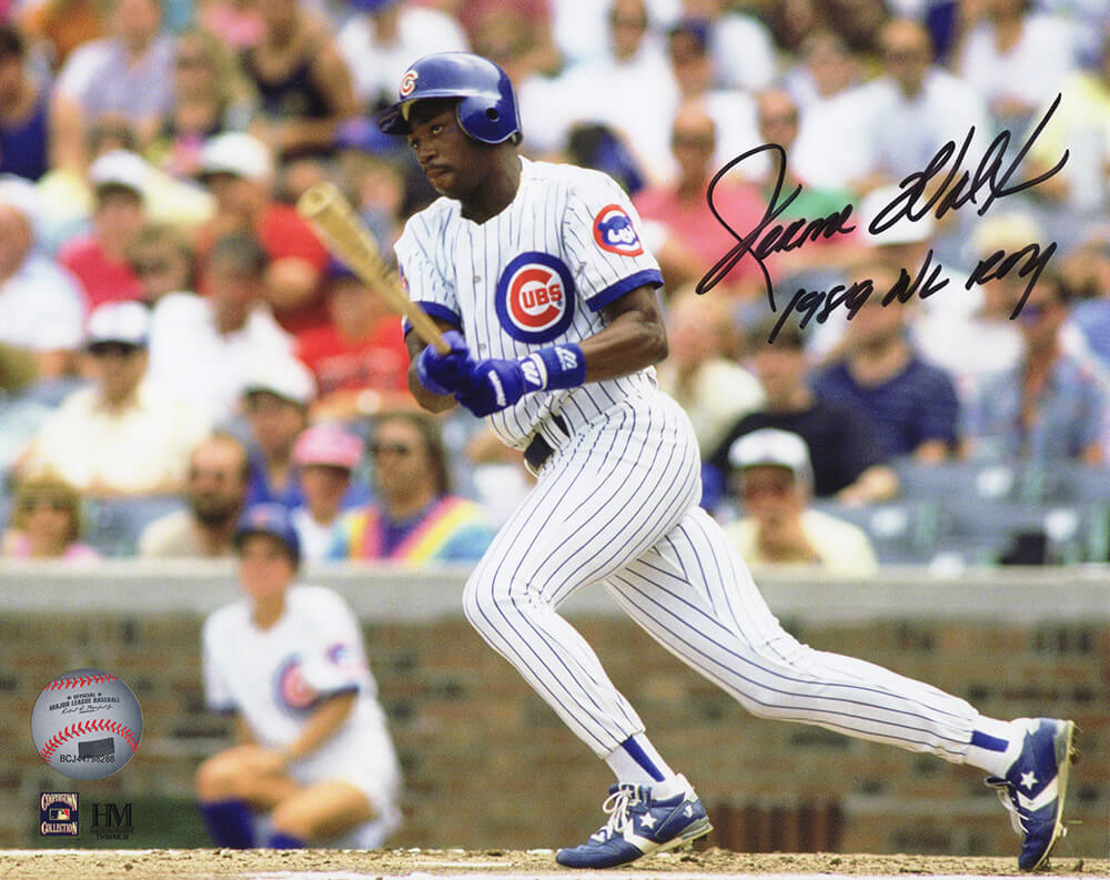 Jerome Walton Autographed Chicago Cubs White Jersey Batting Action 8x10 Photo with 1989 NL ROY-Powers Sports Memorabilia