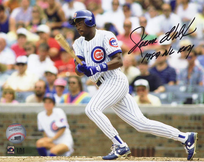 Jerome Walton Autographed Chicago Cubs White Jersey Batting Action 8x10 Photo with 1989 NL ROY-Powers Sports Memorabilia
