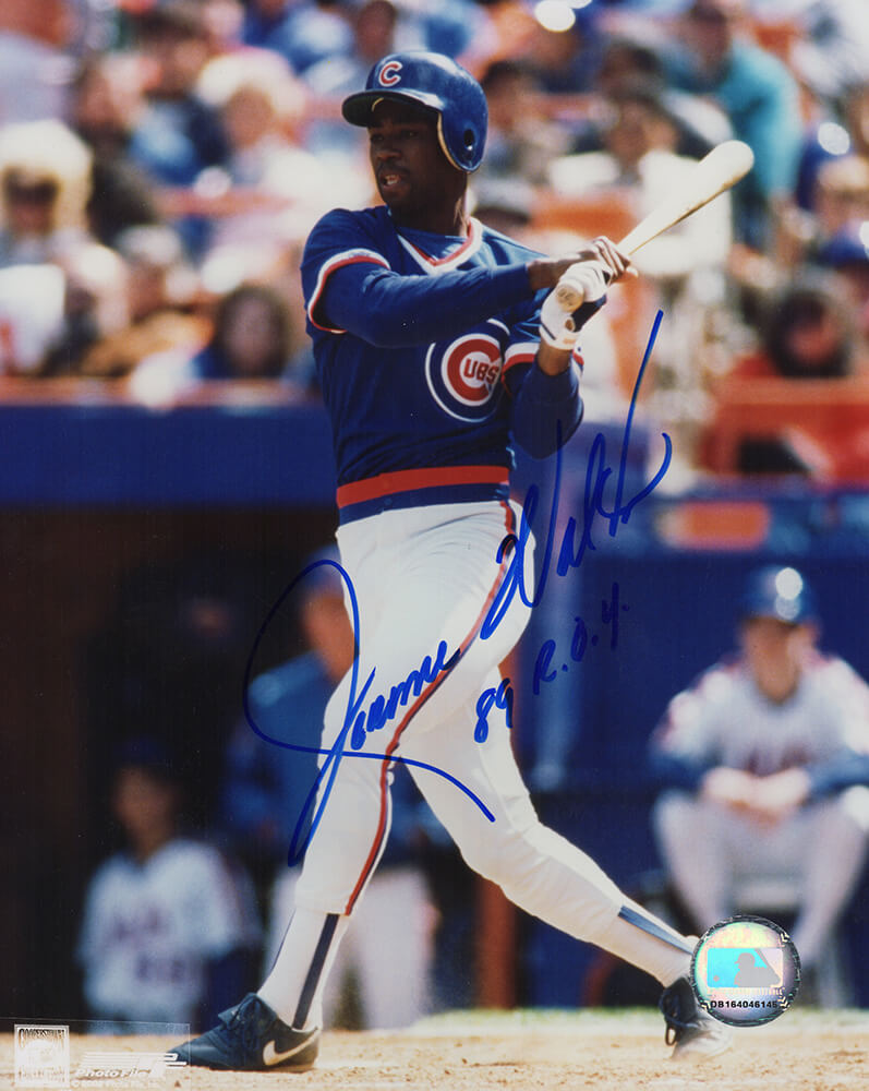 Jerome Walton Autographed Chicago Cubs Blue Jersey Swinging 8x10 Photo with 89 ROY-Powers Sports Memorabilia