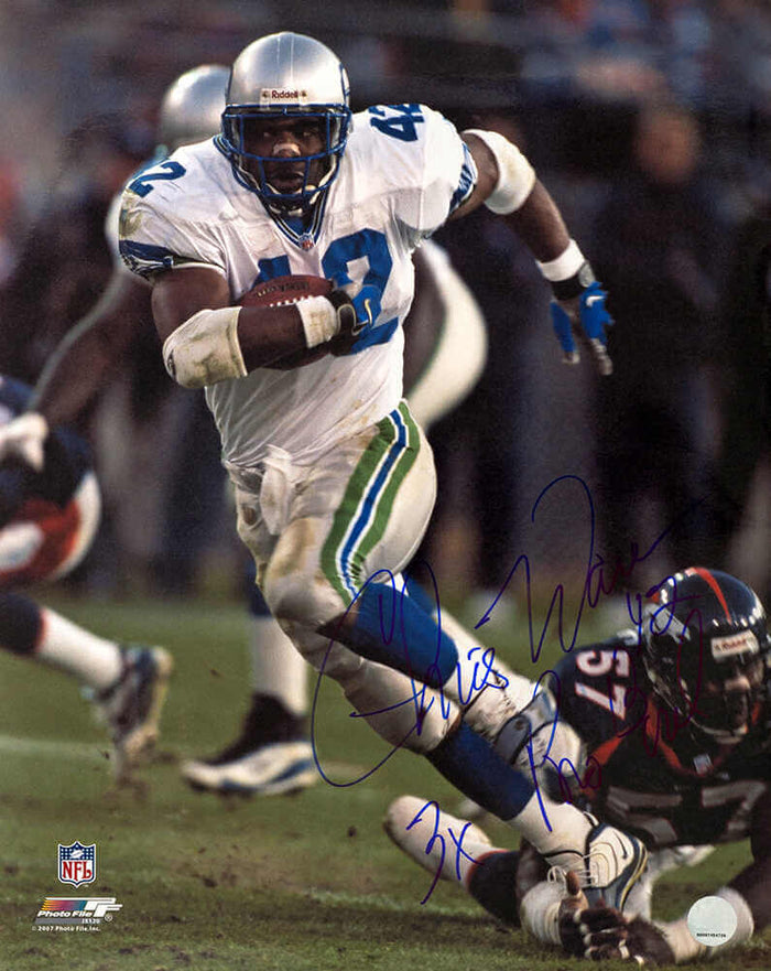 Chris Warren Autographed Seattle Seahawks White Jersey Action 16x20 Photo with 3x Pro Bowl-Powers Sports Memorabilia