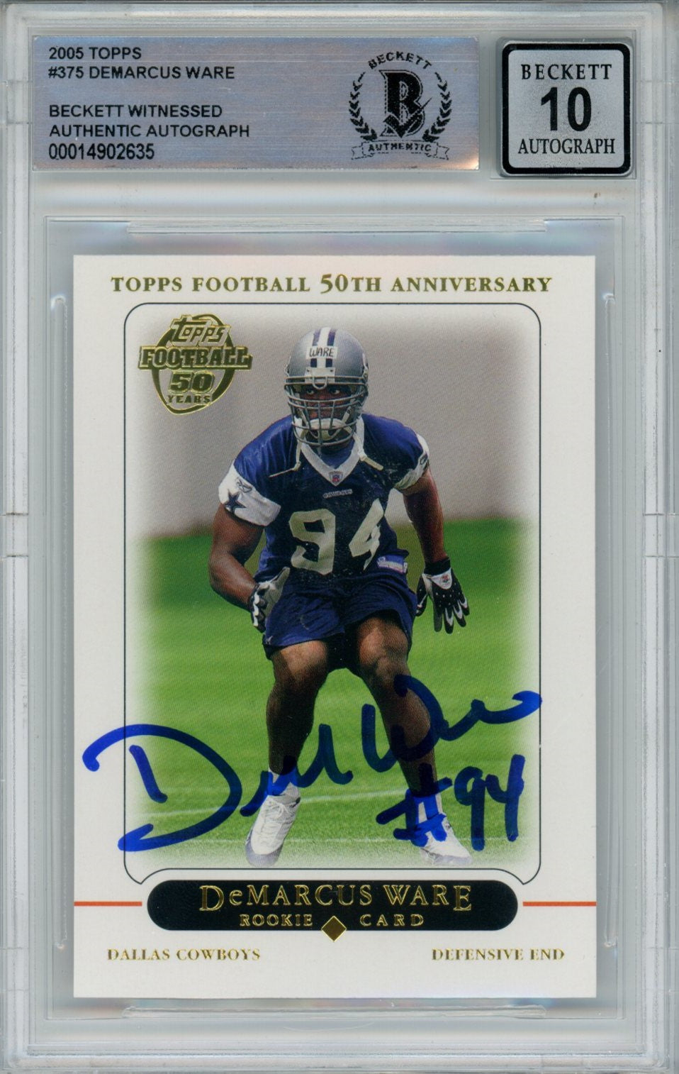 Demarcus Ware Signed Dallas Cowboys 2005 Topps #375 Beckett Auto 10 Beckett-Powers Sports Memorabilia