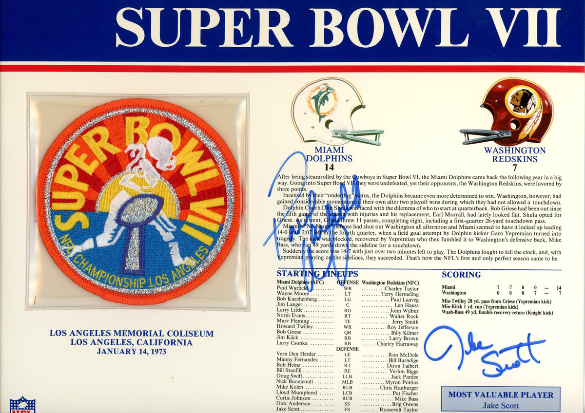 Jake Scott Paul Warfield Miami Dolphins Signed Mini Helmet - SB VII Patch Beckett Beckett-Powers Sports Memorabilia