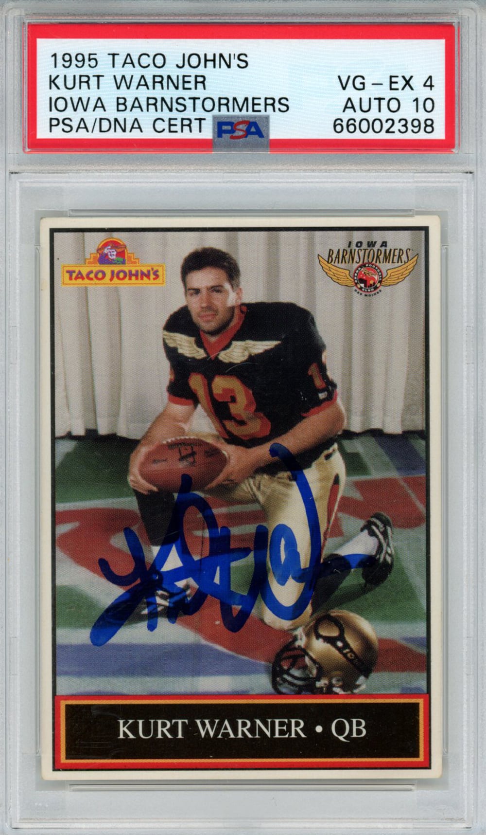 Kurt Warner Iowa Barnstormers Signed Card - 1995 Taco John's #13 PSA 4 Auto 10 Slab PSA-Powers Sports Memorabilia